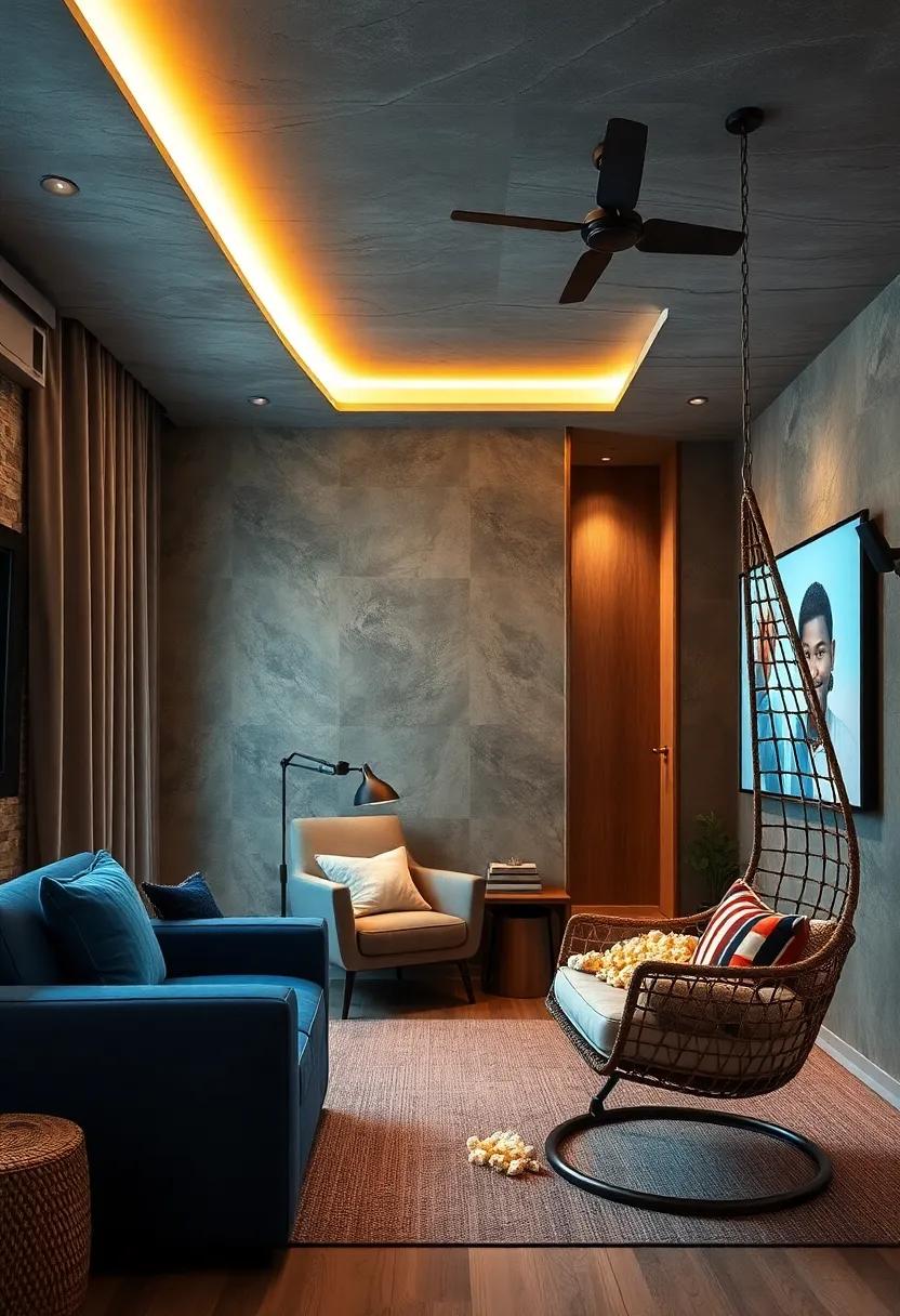 Movie Lounge: set up a hanging chair with a popcorn theme, turning it into the ultimate chill spot for movie nights and gaming sessions