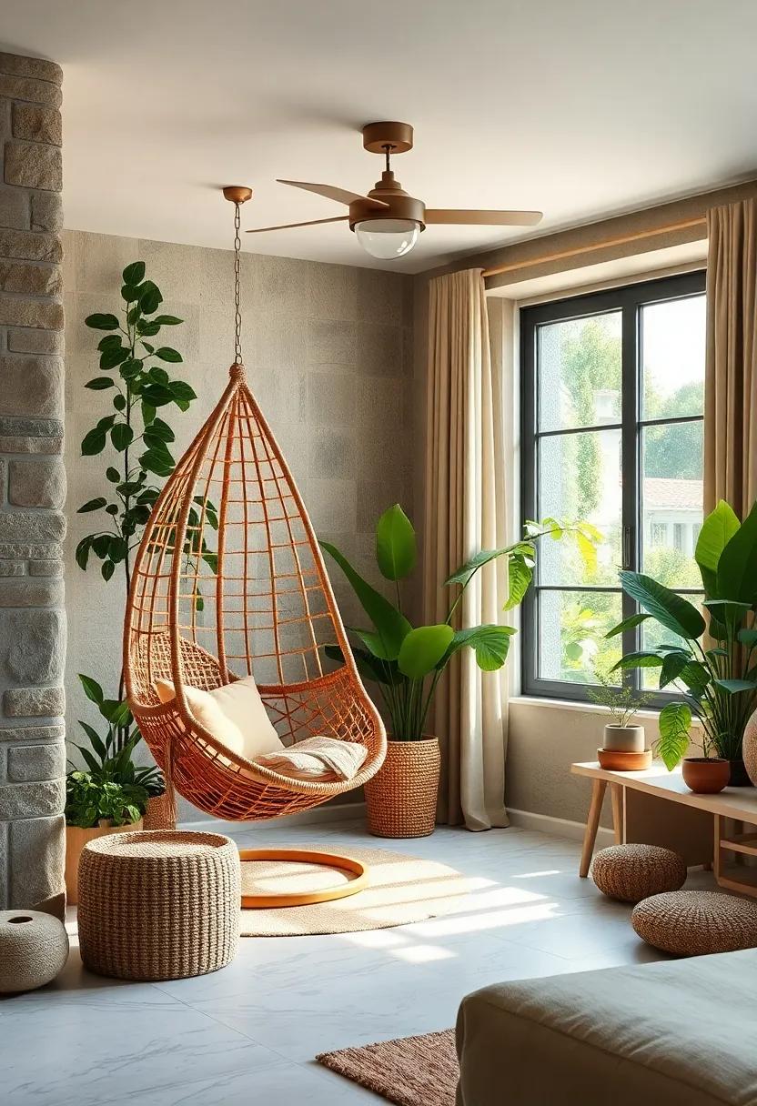 Nature-Inspired Oasis: Choose a wicker hanging chair surrounded by greenery, blending comfort with an earthy aesthetic right in your boy’s room