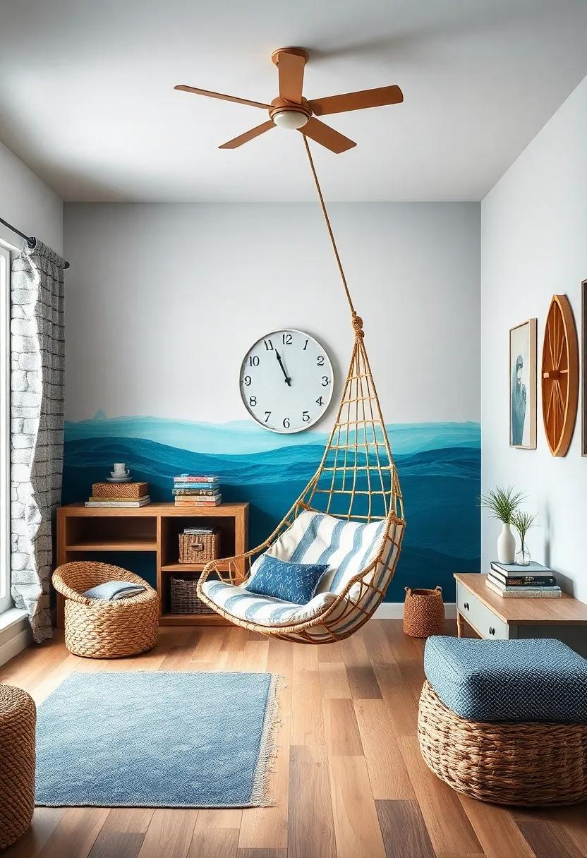 Nautical Adventure: Bring the beach indoors with a nautical-themed hanging chair set against oceanic colors, perfect for a calming coastal retreat