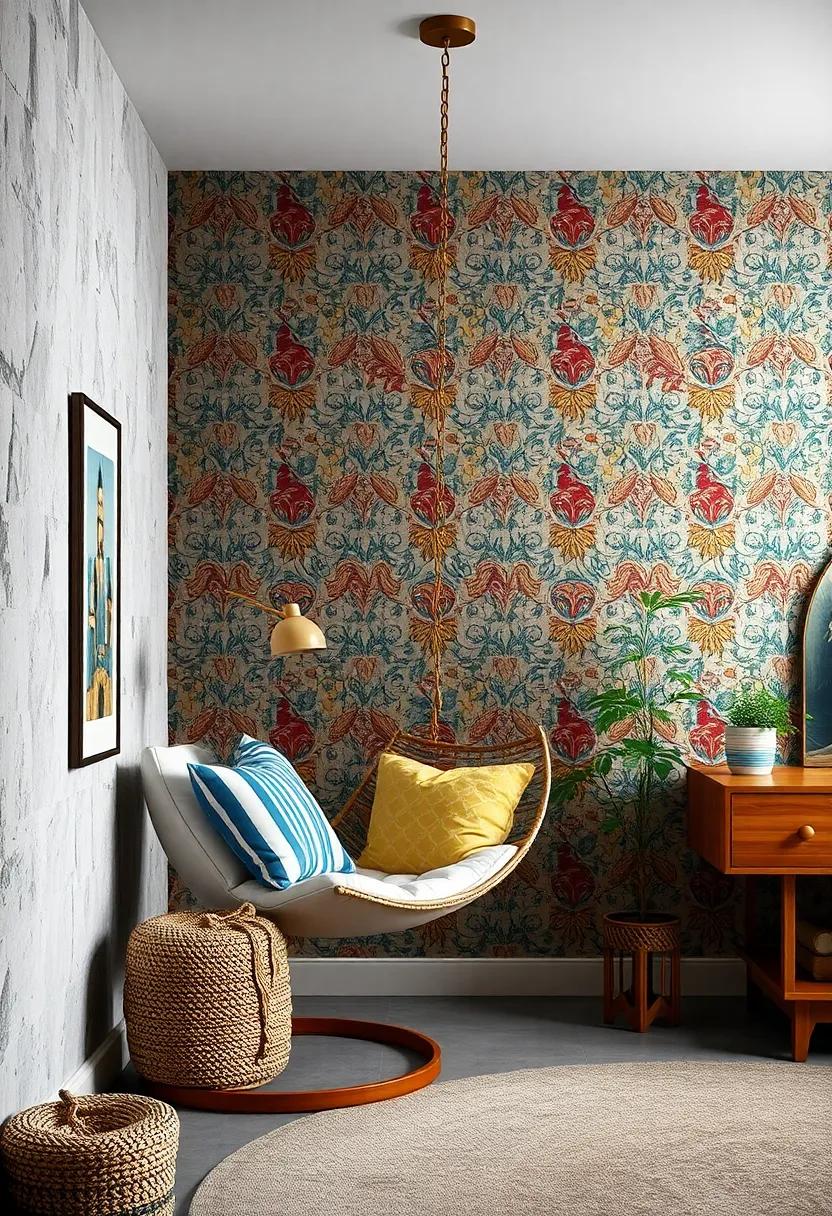 Retro Revival: Combine a vintage-style hanging chair with funky wallpaper to evoke nostalgia while keeping the vibe fresh and fun