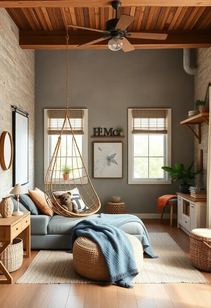 Rustic Retreat: Integrate a wooden hanging chair paired with farmhouse décor elements to create a warm, inviting space with a rustic charm
