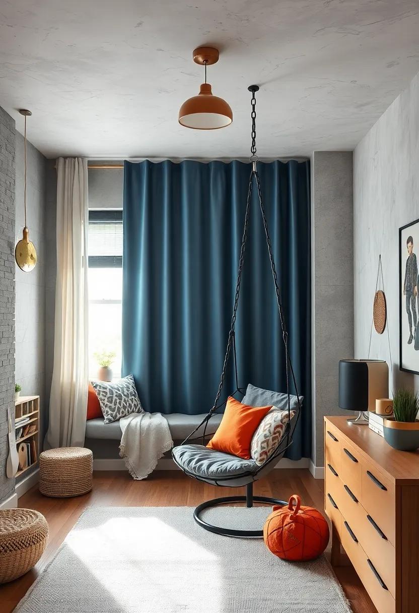 Space Explorer's Hideout: use a space-themed hanging chair, perhaps designed like a spaceship, to create an inspiring area for adventurous dreams and cosmic imaginations