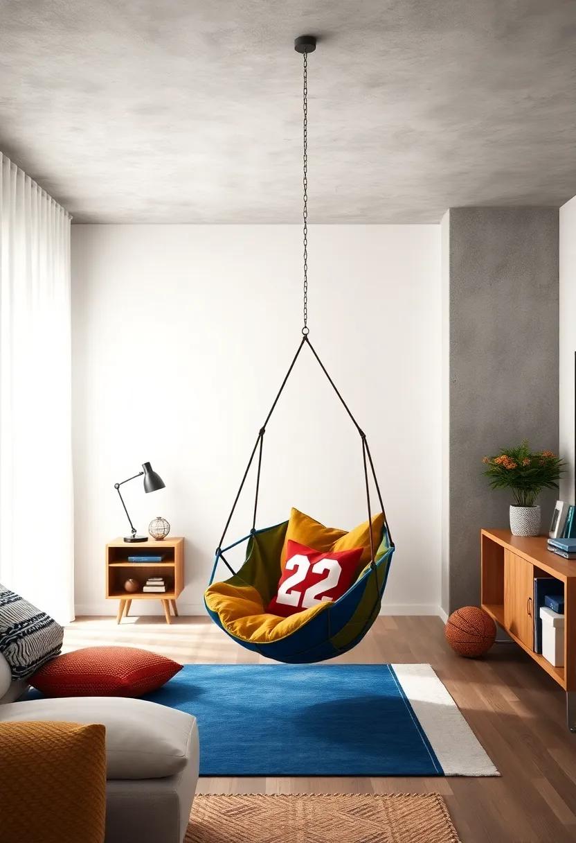 Sports Fanatic Zone: Attach a sporty-themed hanging chair in team colors, creating a personalized space for your little athlete to relax and recharge