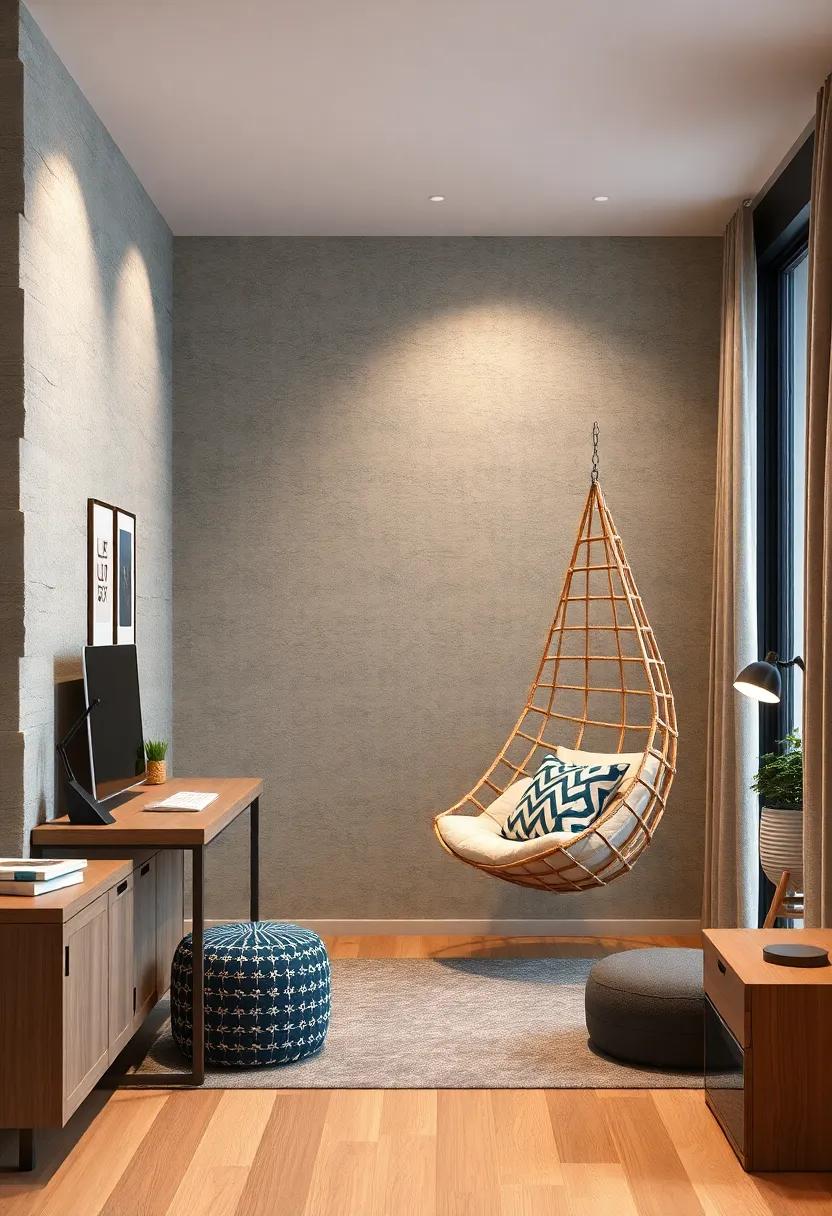Stylish Study Spot: Create a study area with a chic hanging chair, promoting an enjoyable environment that inspires focus and concentration