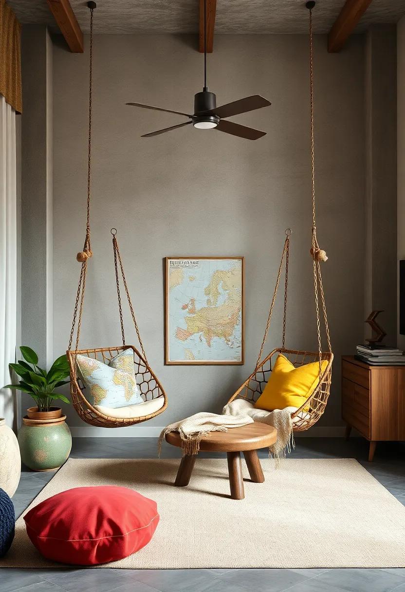travel-Inspired Decor: Hang a chair adorned with maps or travel posters, motivating an adventurous spirit and encouraging exploration from the comfort of home