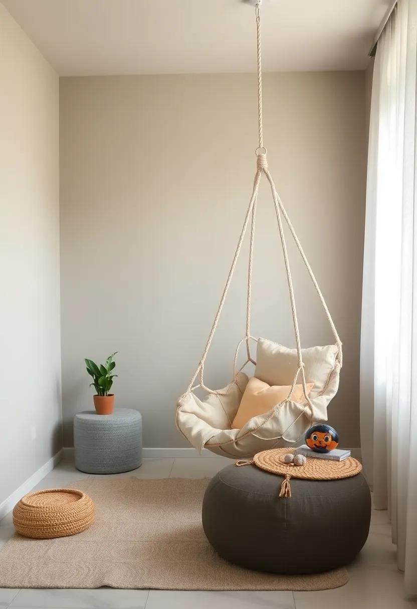 Understated Elegance: A soft, neutral-toned hanging chair harmonizes beautifully with muted wall colors, establishing a serene and stylish retreat