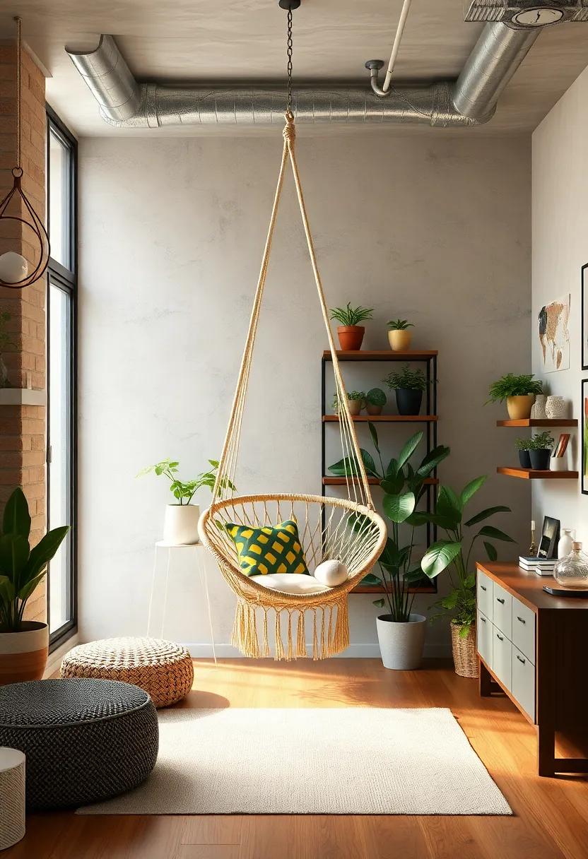 Urban Jungle: Hang a macramé chair paired with potted plants on shelves,giving a cool,bohemian vibe while promoting a love for nature indoors