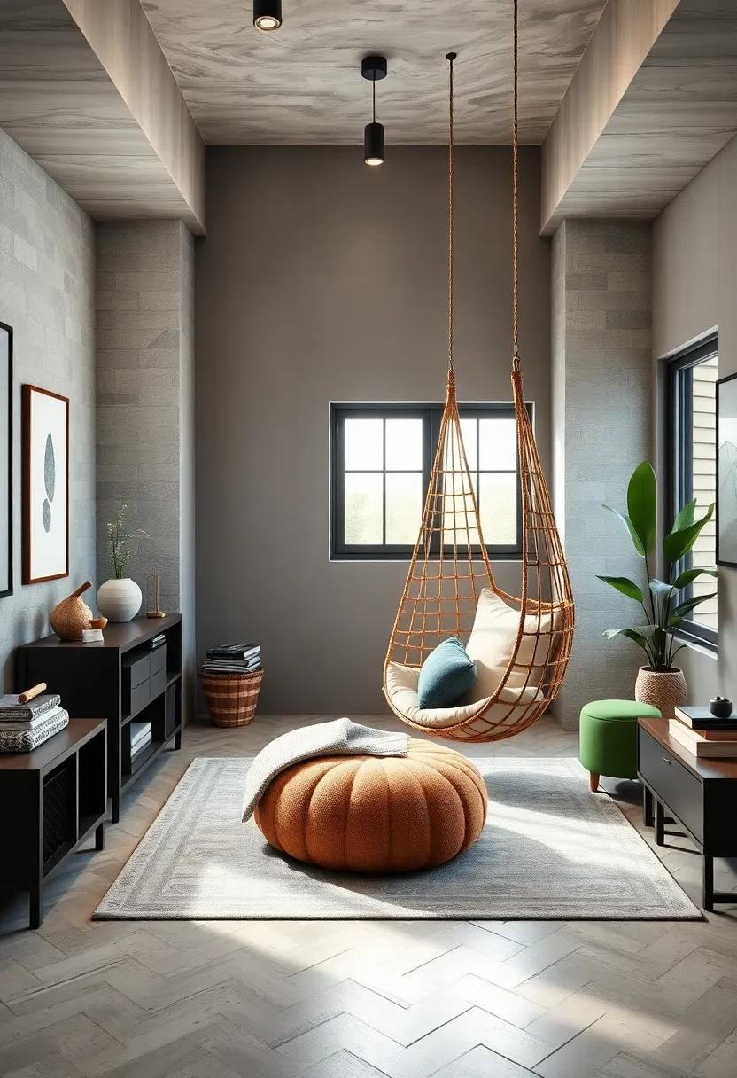 Zen Den: Use a hanging chair with calming colors and soft fabrics to create a meditation nook that fosters relaxation and mindfulness