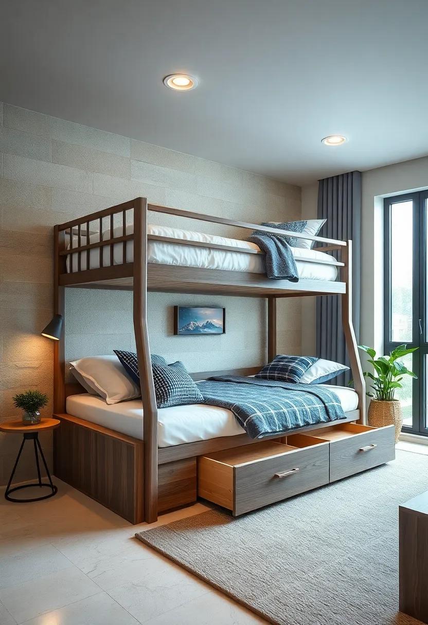 Design⁣ a twin-over-twin bunk bed with drawers underneath ‍the lower bunk, ‍offering‍ both function​ and‌ a fun ⁣sleeping arrangement‌ for siblings