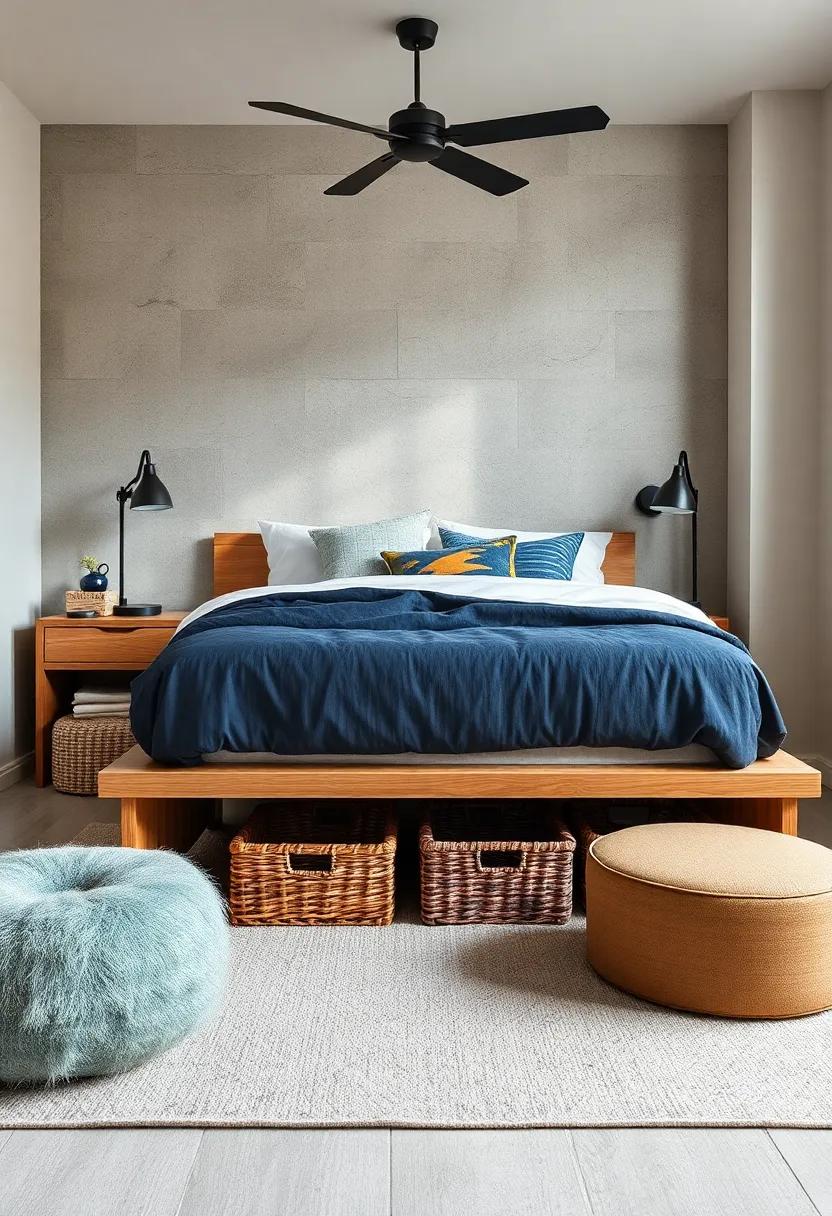 Use⁤ a⁣ stylish low-profile bedframe‍ that allows for decorative baskets underneath,turning⁢ storage into⁣ an⁤ artful display