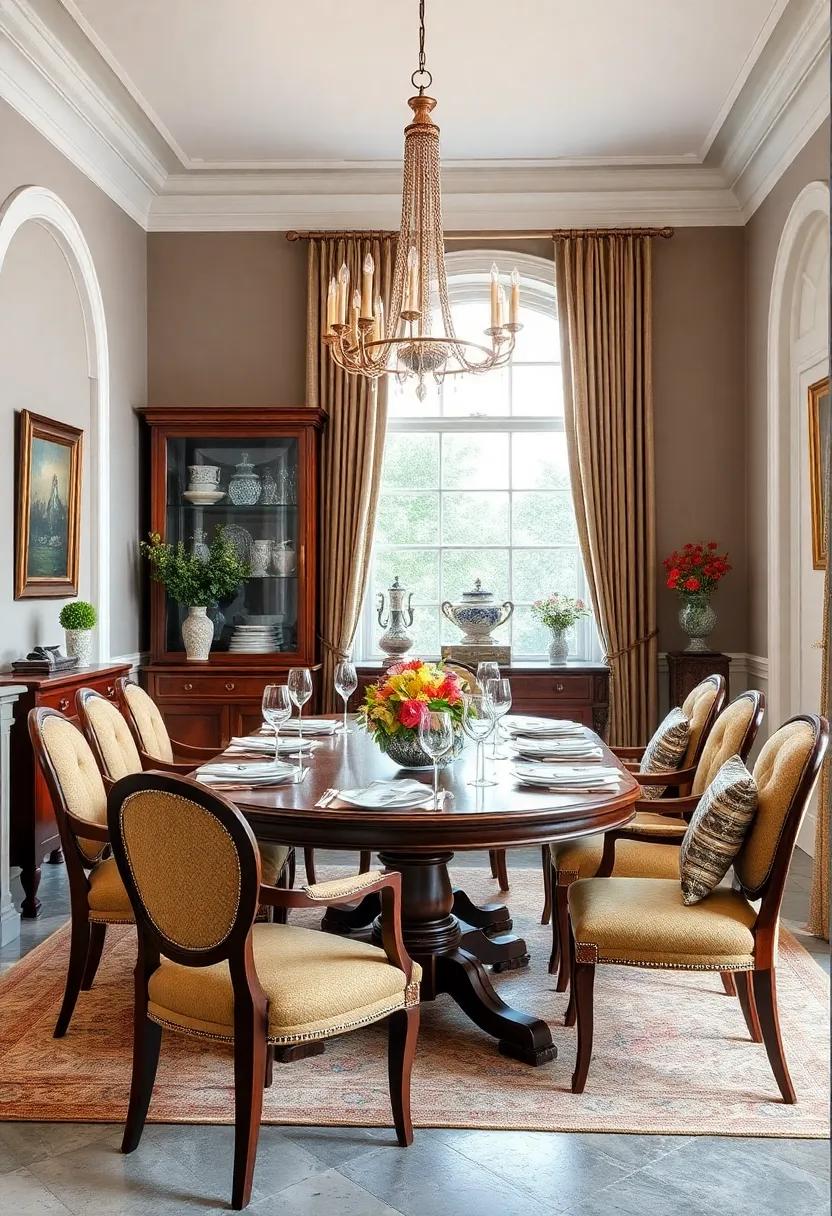 Traditional⁢ English‍ Dining: ‌Capture the⁣ essence of ​fine dining with rich ‌mahogany furniture, elegant china,⁤ and warm textiles that evoke a classic British​ flair