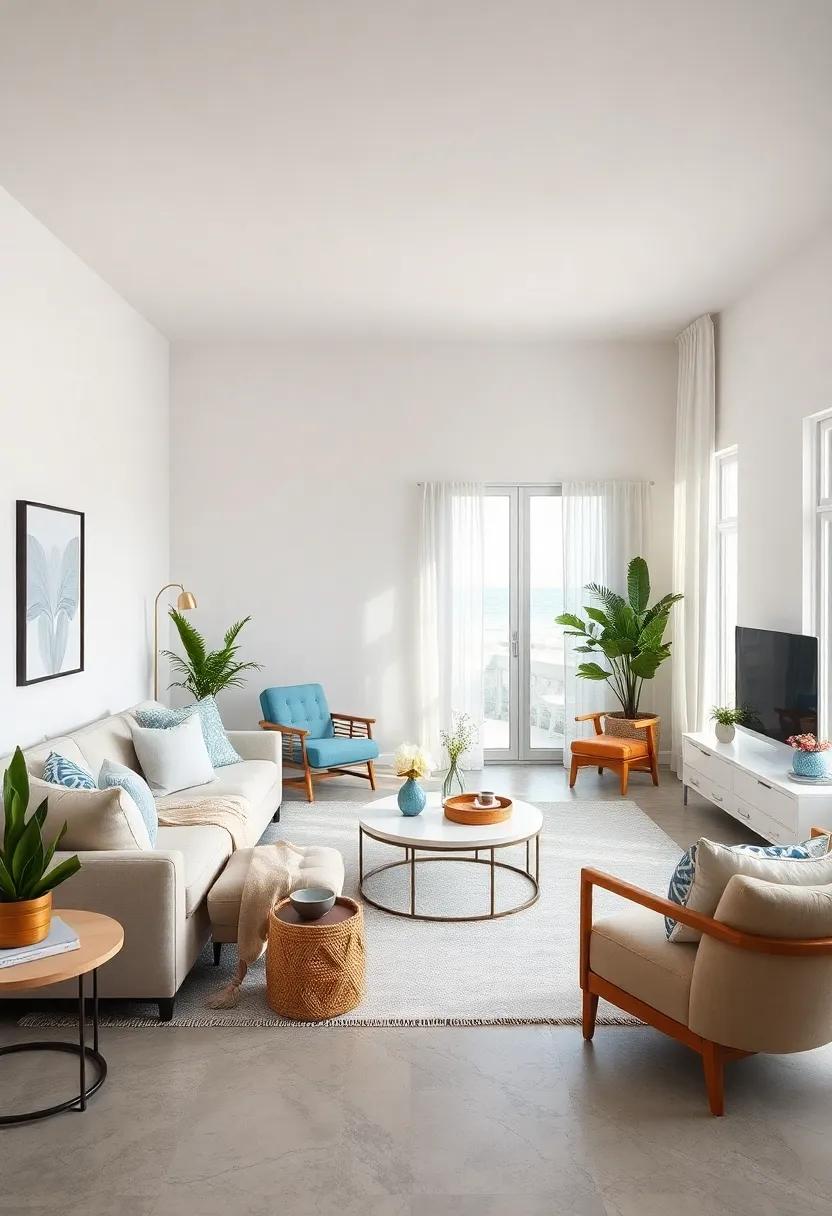 Embrace a Soft Color Palette: Use shades of blues, whites, and sandy beiges to mimic the ocean and beach, creating a tranquil atmosphere in your living room