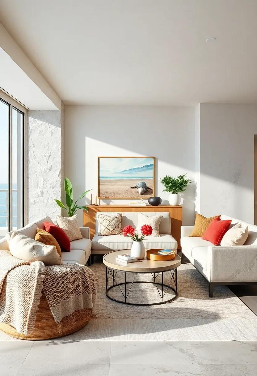 Layer Textures: Combine various fabrics, such as knitted throws, cotton blankets, and velvet pillows, for a cozy, layered look that reflects the beach's casual charm