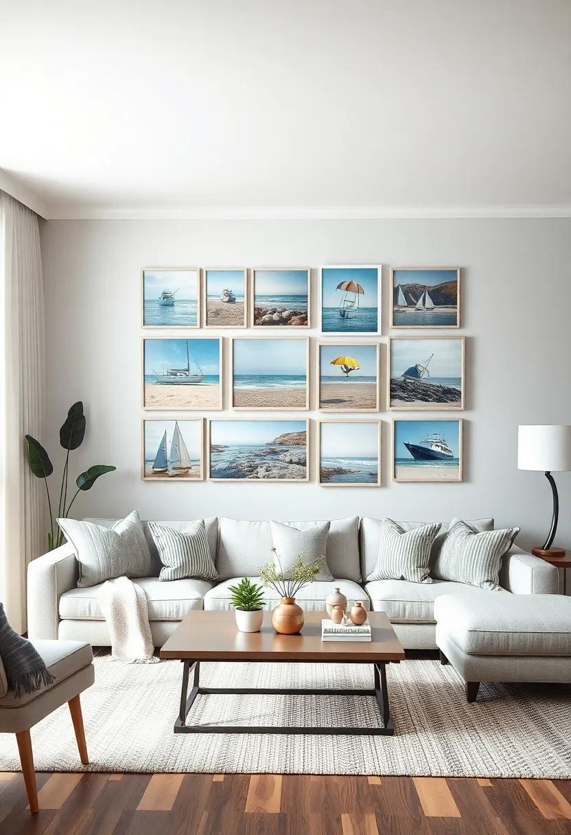 Install a Beachy Gallery Wall: curate a collection of seaside-inspired photographs and art pieces to form a striking focal point in your living room