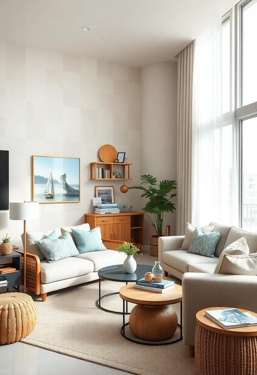 Display Travel Souvenirs: Showcase souvenirs from your beach vacations as personal touches that bring stories of the coast into your living room