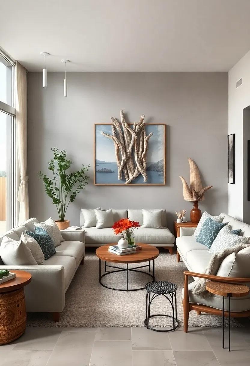 Source Driftwood Pieces: incorporate driftwood sculptures or wall hangings as organic art pieces that connect your living space to the shoreline