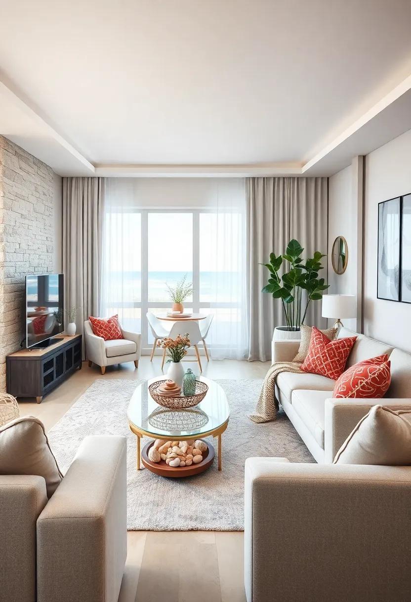 Utilize Beachy Accents: Scatter seashells, starfish, or sand in decorative bowls or glass jars for subtle seaside accents that enhance the coastal theme