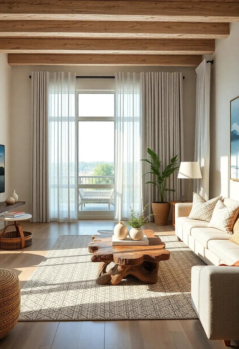 Choose a Statement Coffee Table: Select a coffee table made from driftwood or reclaimed wood to serve as a rustic centerpiece that ties the room together