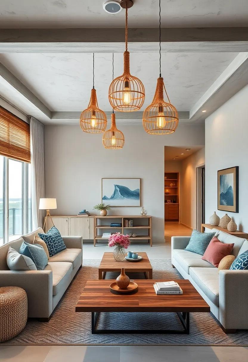 Opt for Coastal Lighting: Use pendant lamps or chandeliers made from materials like rope or shells to capture the essence of maritime living
