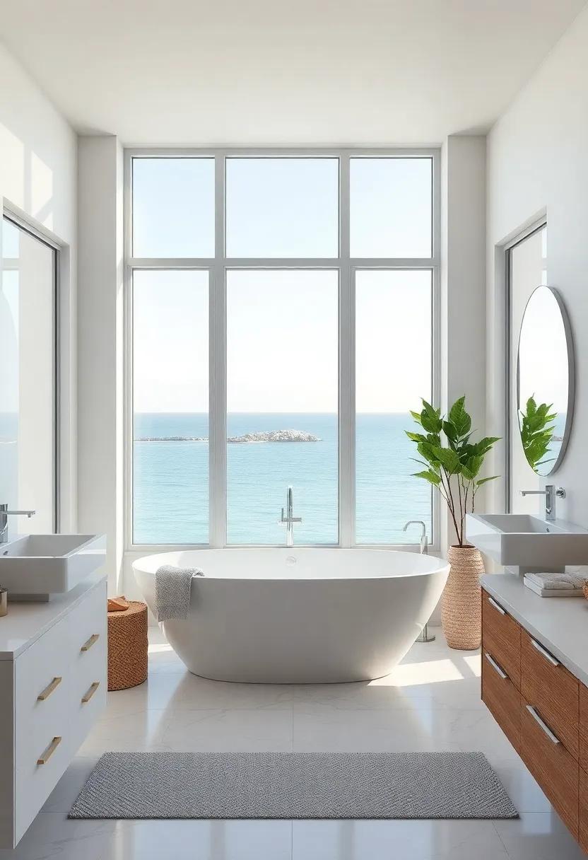 Large Windows for Natural Light: Design your bathroom with expansive windows to flood the space with light and offer breathtaking views of the coastline