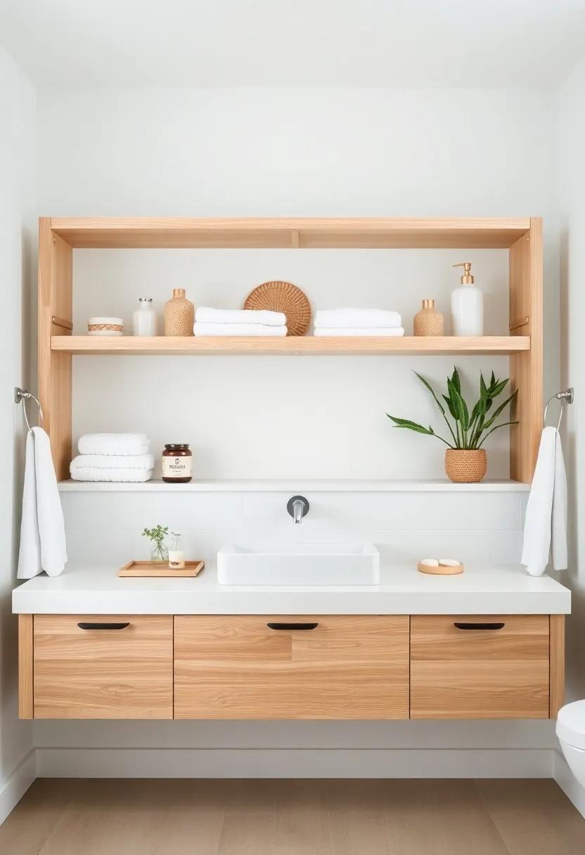 Minimalist Open Shelving: Use open shelving to display coastal decor items, towels, and toiletries effortlessly while keeping the look tidy