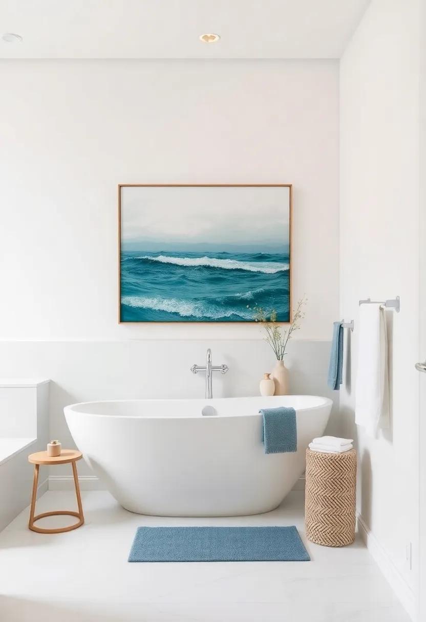 Ocean-Theme Wall Art: Select prints or paintings that showcase ocean scenes or marine life to enhance the coastal vibe of your bathroom