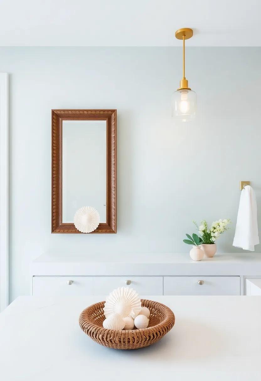 Seashell Accents: Integrate decorative seashells in your design, whether in a frame or as part of a unique centerpiece on your vanity