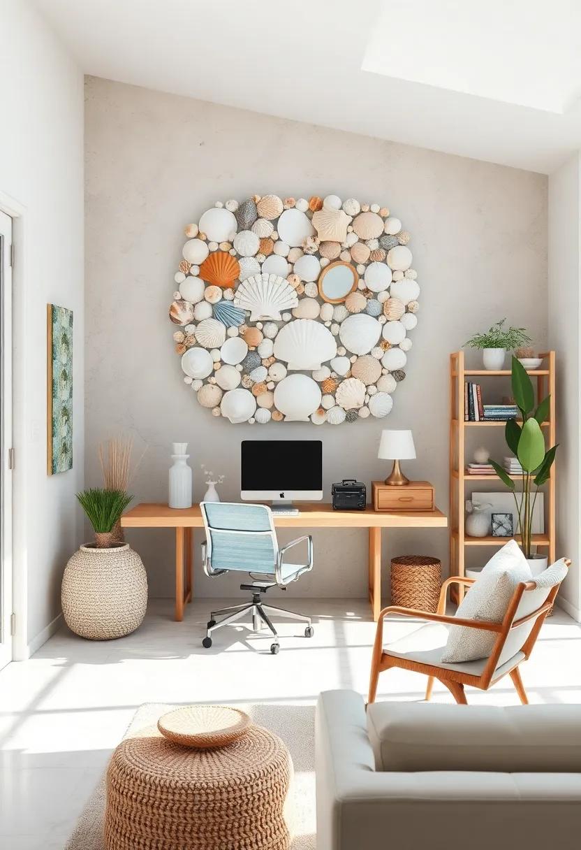 A Tranquil Escape: This sunlit workspace features a seashell collage that doubles as stunning wall art, inspiring creativity with each glance