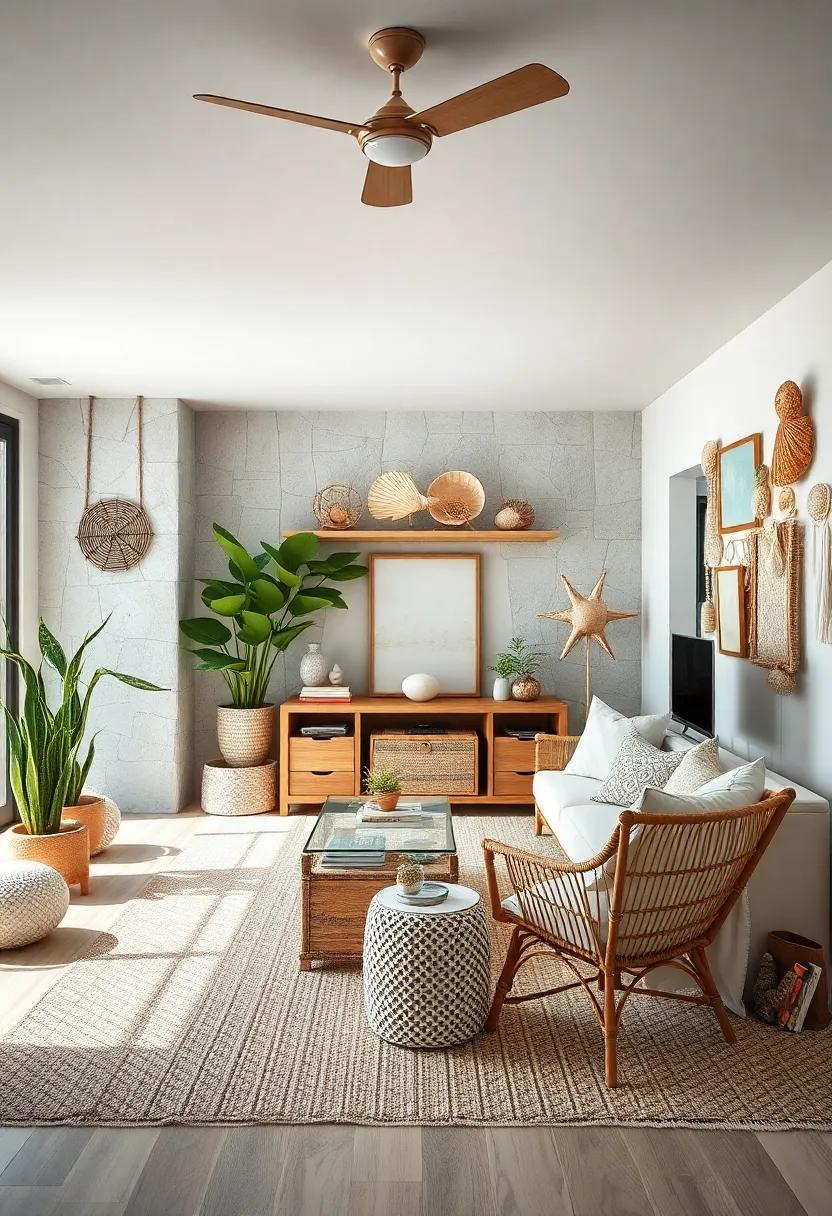 Ocean View Oasis: A bright workspace that opens to the water,featuring seashells that echo the colors of the sea,encourages inspiration from nature’s palette
