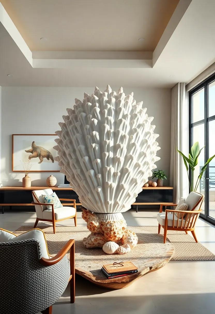 Shell Statement: A large, eye-catching shell sculpture serves as a focal point in this workspace, reminding the occupant of the beauty of nature’s design