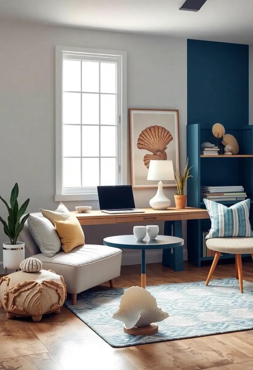Whimsical Waves: An office layout that includes whimsical seashell decor,such as a desk lamp shaped like a conch shell,injects fun into daily tasks