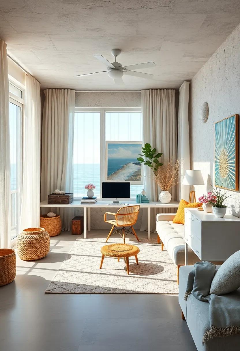 Beachfront Bookends: Seashell-inspired bookends frame a collection of coastal literature, blending style with functionality in this charming office