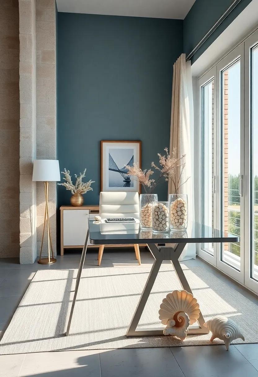 Coastal Chic: A sleek desk paired with elegant seashell vases adds a touch of luxury, proving that even a work environment can reflect a seaside retreat