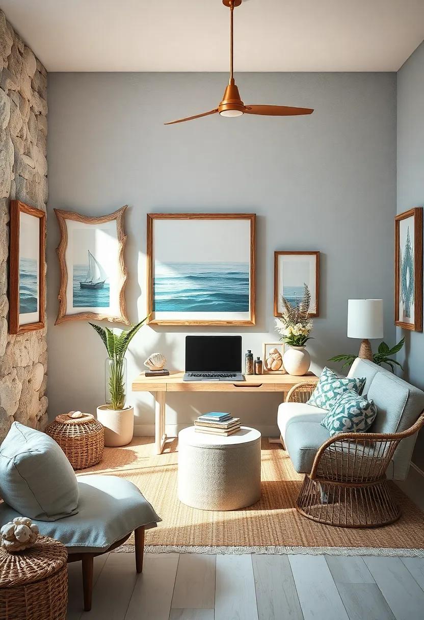 Drift Away Decor: A charming coastal office adorned with driftwood frames and seashell accents invites anyone to daydream while working