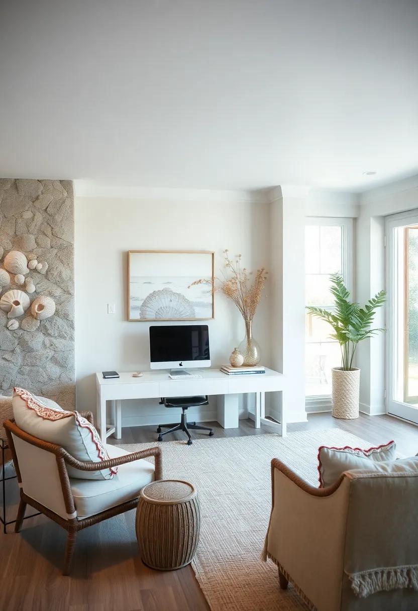 Serene Sanctuary: A soft, muted color palette paired with delicate seashell decor provides a calm retreat for focused work and reflection in this coastal home office