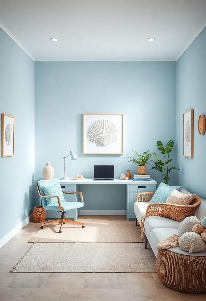 Calm Coastline: Soft blues and sandy tones fill this office, adorned with seashell artworks that evoke a sense of tranquility and focus