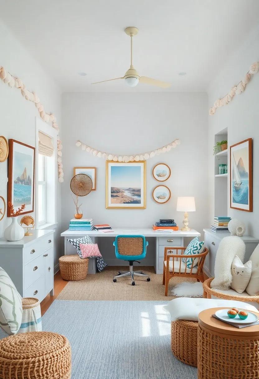Whimsical Waves: Surrounded by seashell garlands and marine-themed prints, this office space feels more like a beach cottage than a traditional workspace