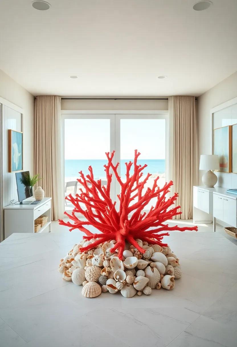 Coral Crown: A vibrant coral centerpiece surrounded by an array of seashells infuses a playful yet professional spirit into this coastal workspace