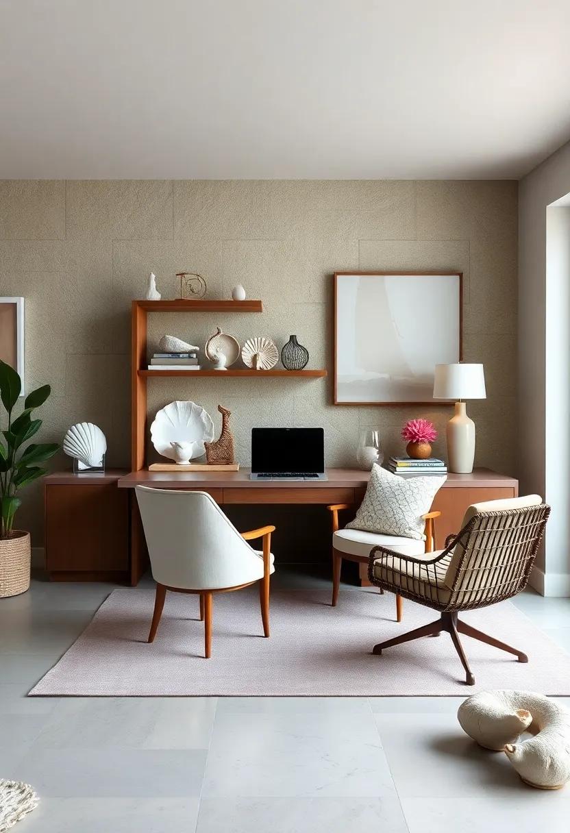 Elemental Elegance: Simple seashell and stone decor pieces bring sophistication to this home office, making the space feel rooted in coastal beauty