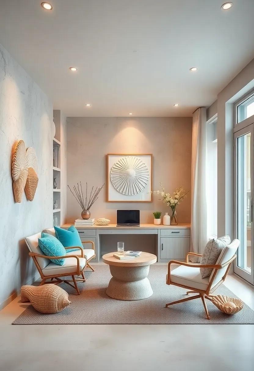 Beachy Bliss: Soft pastels and seashell motifs create a serene atmosphere in this home office, where the gentle sound of waves can be almost heard