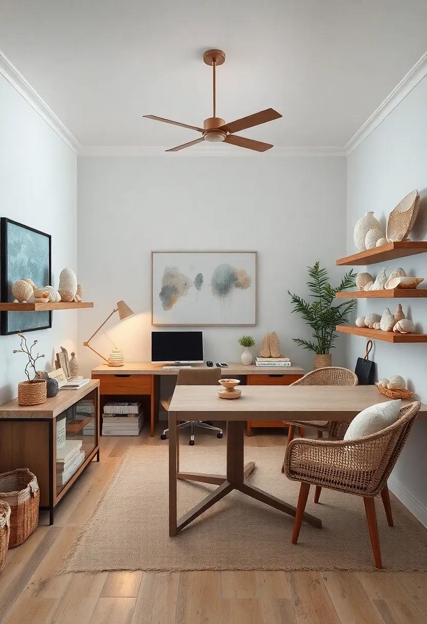 Driftwood Dreams: This office blends natural textures, with seashells resting on driftwood shelves, creating an inviting space that beckons creativity
