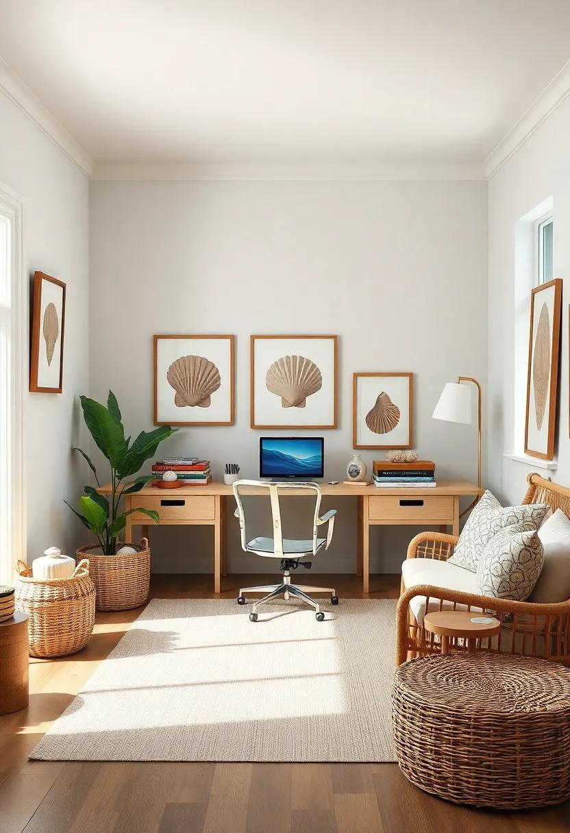 Vintage Vibe: Retro seashell prints and antiques grace this home office, marrying nostalgia with modern functionality ideal for any remote worker