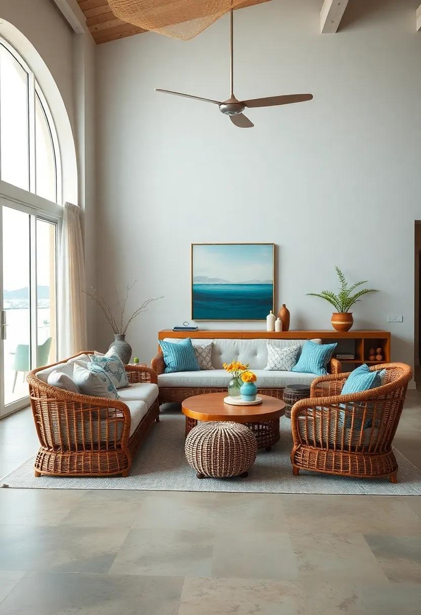 Woven Seating: Opt for wicker or rattan furniture to evoke a casual beach house feel while maintaining comfort and style in your living room
