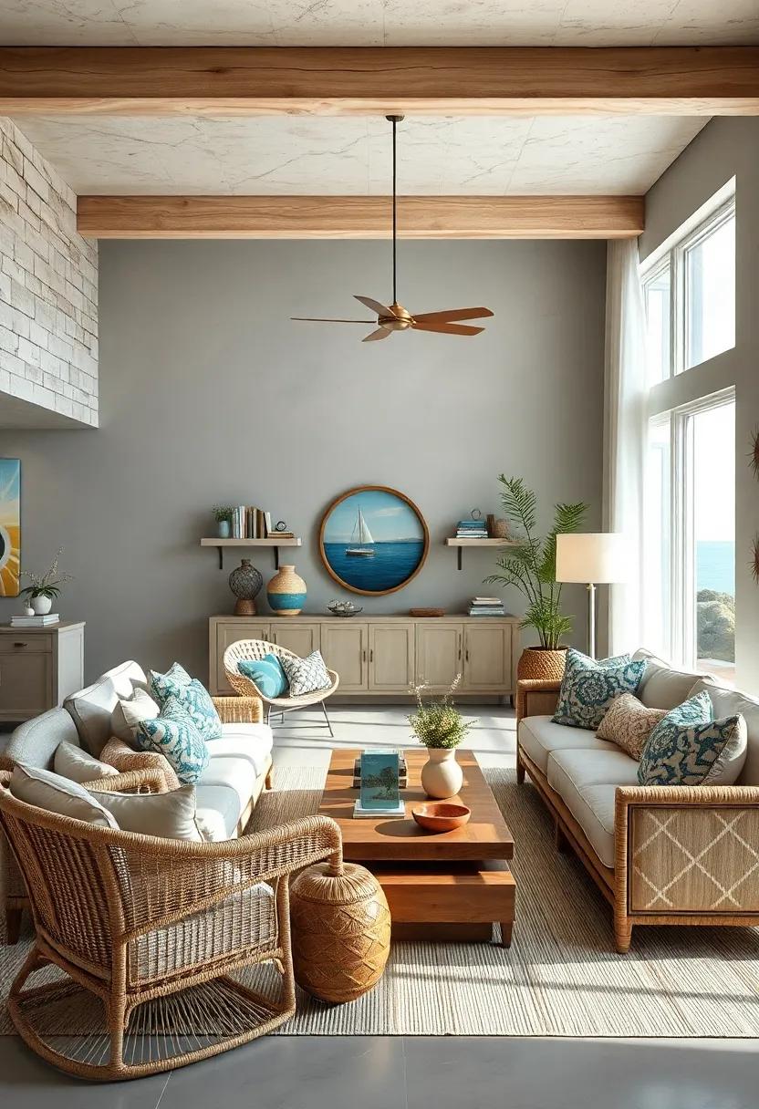Textile Variety: Experiment with a mix of fabrics like canvas, cotton, and linen for curtains and upholstery to amplify the relaxed coastal vibe