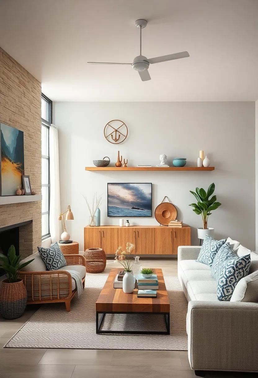 Floating Shelves: install floating shelves to display your favorite seaside finds, books, or plants, adding functional decor without sacrificing floor space