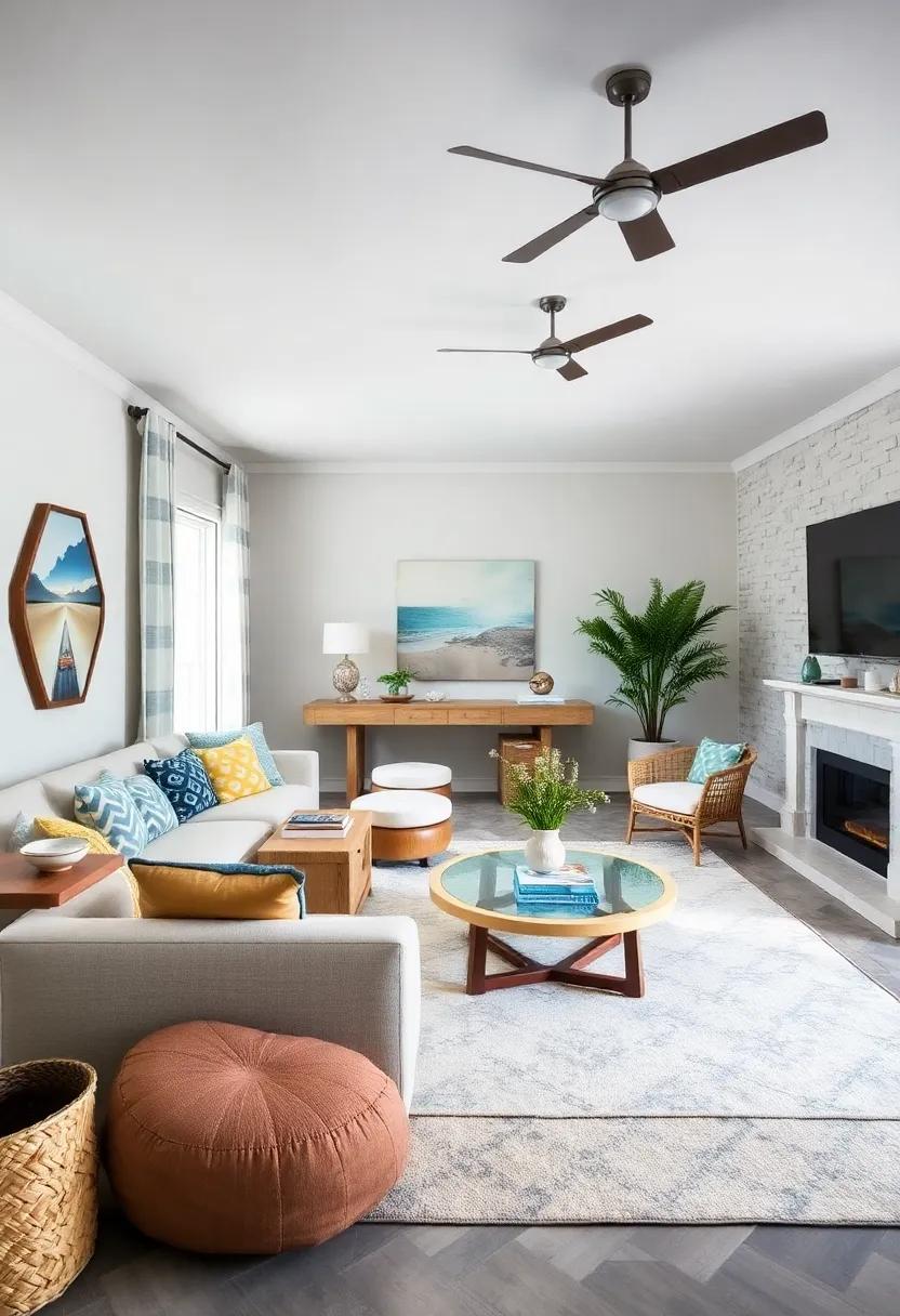 Rug Selection: Choose area rugs with beach-inspired patterns or colors to ground your space while adding warmth beneath your feet