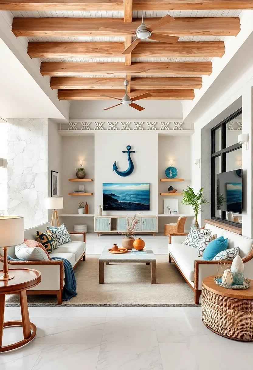 Marble and Stone: Utilize marble or stone surfaces for tables or countertops to echo the sandy textures of the beach