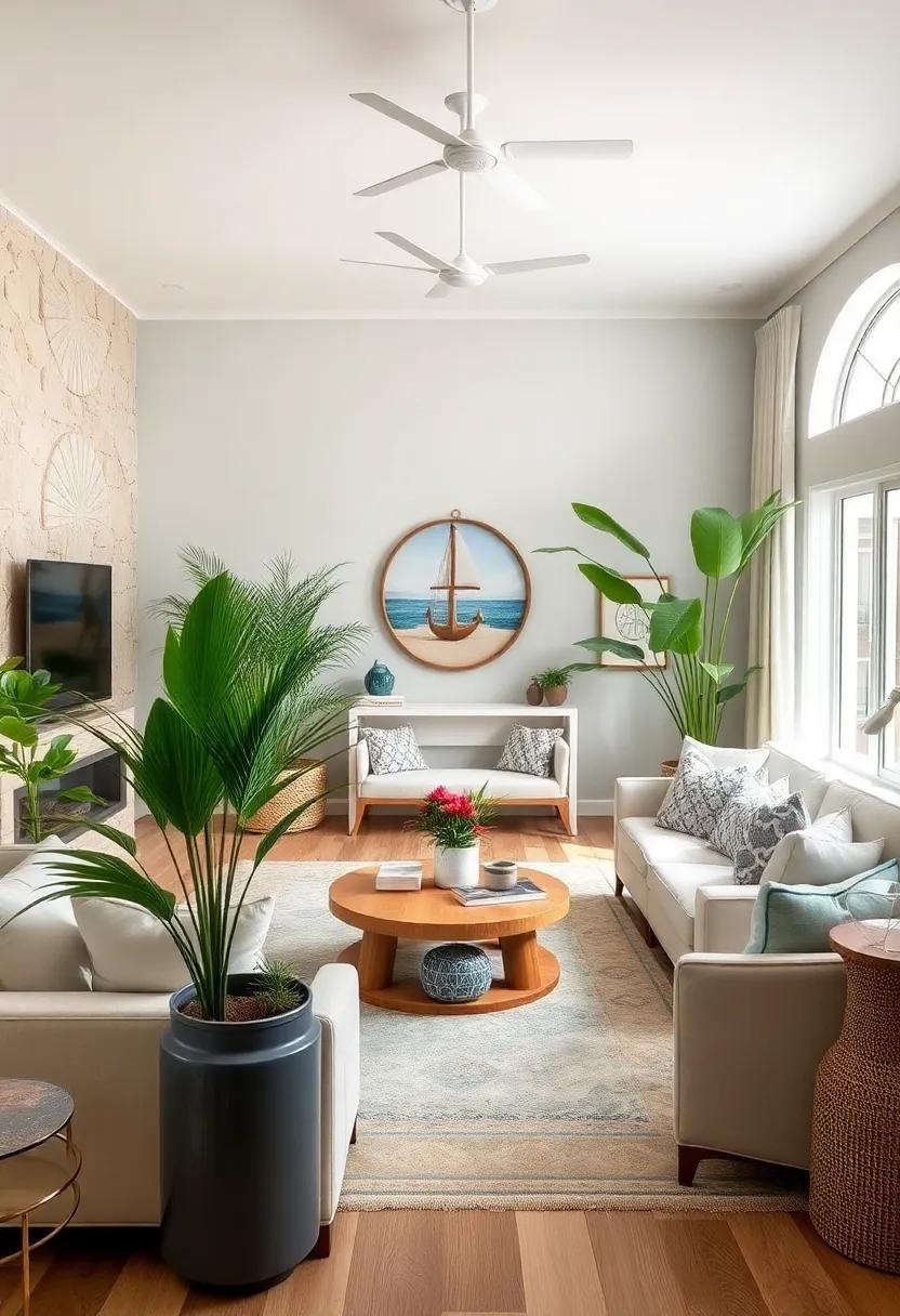 Natural Foliage: Incorporate houseplants like palm trees or succulents that thrive in coastal environments, bringing a touch of the outdoors in