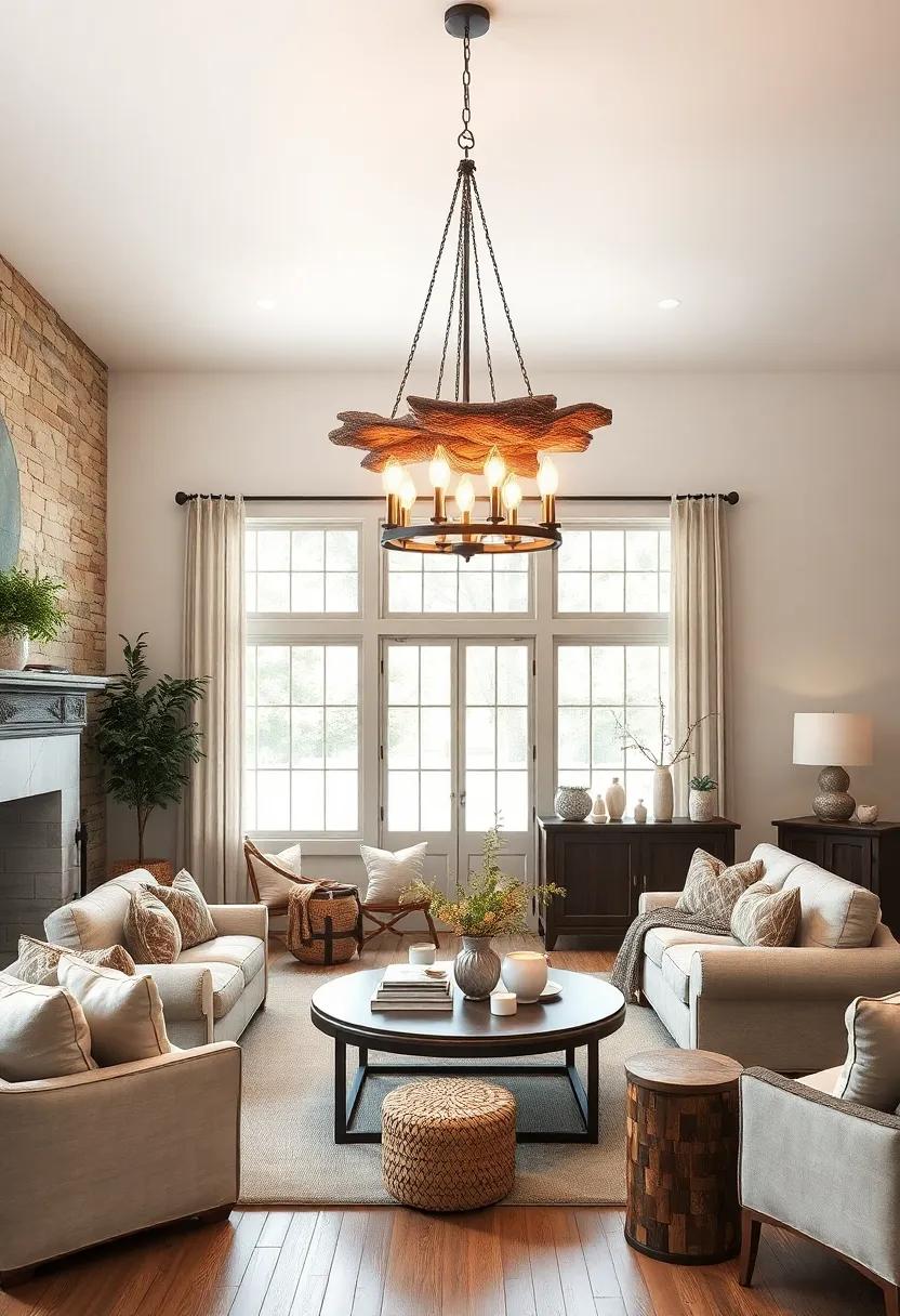 Embrace the warmth of a‌ farmhouse-style living ​room adorned with a​ reclaimed wood chandelier that ‍serves as a ‌stunning focal point, highlighting the‍ cozy textiles and natural‌ elements surrounding it