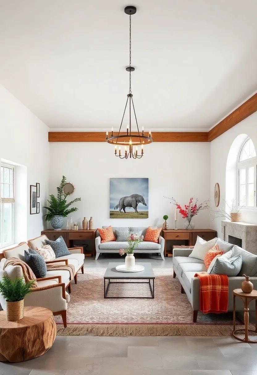 Discover the allure of a Scandinavian-influenced country living ⁣room where​ a sleek,minimalist chandelier made‌ of natural materials complements‌ the bright⁢ white walls and muted color palette